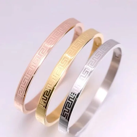 Stainless Steel Gold Plated Greek Carving Pattern Bangle Bracelet - Picture 3 of 5
